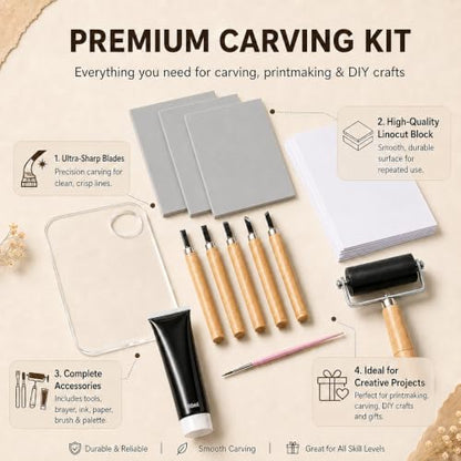 Linocut Kit for Beginers Linoleum Blocks for Board Carving Linocut Tools Stamp Printing Tools for Adults Art Craft Kits