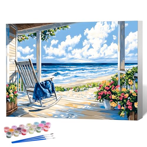 Framed Paint by Numbers Kit for Adults, Coastal Beach House 8x12 Inch - color: OPFUS2512-02