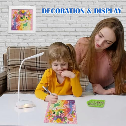 Leixonl Diamond Art Kits for Kids with Framed (7 in) Cartoon Animals DIY Gem Art Painting - Arts & Crafts Gifts for Beginners & Teens (1p-6-in-cat) - color: Cat