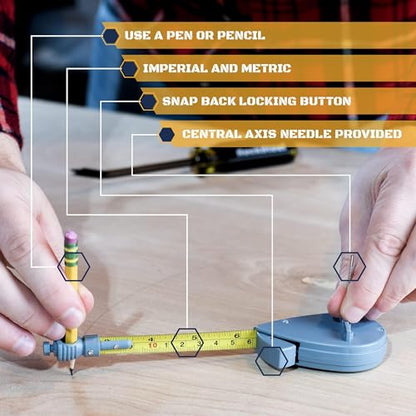 Roto Tape Compass | Rotating Tape Measure Beam Compass, Circle Drawing Tool | Alternative For Large Compass, Trammel, Protractor For Drawing Circles
