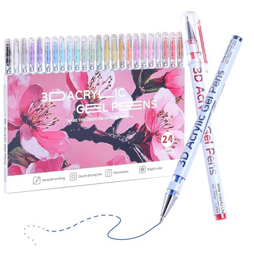 KEMYR 3D Acrylic Gel Pens, 24 Vibrant Colors,1mm Fine Tip Smooth Flow For Dark Black Paper, Bullet Journal, Adults Coloring books, Ideal for Artists Stationery Enthusiasts, Use on Fabric, Sketches - color: 24 colors