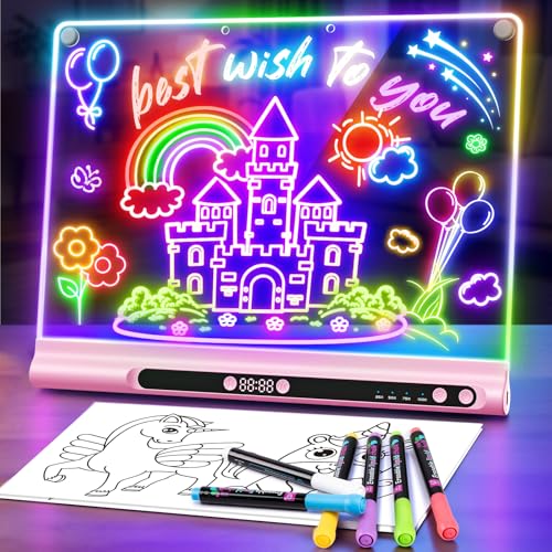 Geokay 16“ Rechargeable LED Drawing Board, 9-Color Light Modes with Timer | Birthday Christmas Gift Idea for Girls/Kids/Boys/Teens, Neon Glow Up Dry Erase, Built-in Stand with 6 Markers & Tracing Book - color: Pink