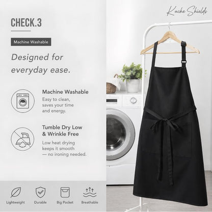 Polyester White/Black Bib Apron - 2 Large Pockets Women Aprons for Kitchen, Baking, Painting, and Halloween - color: Black
