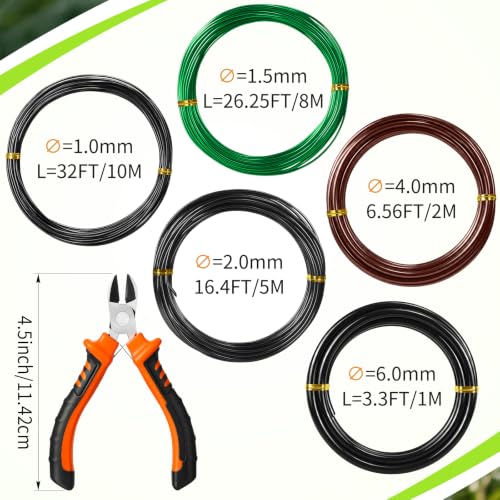 Mudder 5 Roll Bonsai Training Wire Aluminum 1/1.5/2/4/6mm Classic | Anodized Coating Resists Rust, 85 Ft for Branches, Includes Cutter, Flexible Cable Holds Shape, For Bonsai Tree Training - color: Classic, size: 1/1.5/2/4/6mm