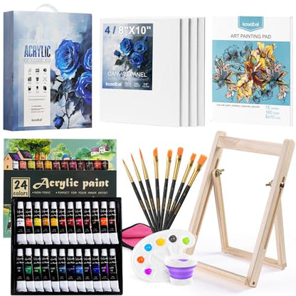 koseibal 24 Color Acrylic Paints Set with Tabletop Easel and Canvas Pad | Art Painting Supplies Kit for Kids & Adults, 24 Vibrant Acrylic Tubes, 4 Canvas Boards, 8 Brushes, Drawing Pad - color: 24x12ml+Easel-S