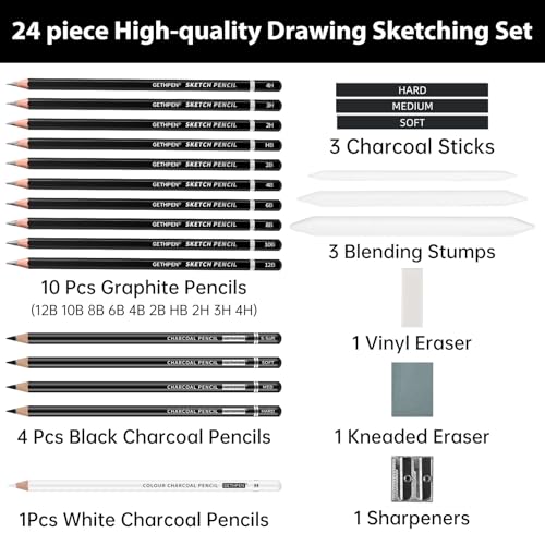 GETHPEN Drawing Sketching Pencil Set, Graphite Pencils (12B-4H), 24Pcs | Art Pencil Kit, Black and White Charcoal Pencils, Stumps, Eraser, Sharpeners, Sketching, Shading, Sketch Set for Artists