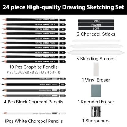GETHPEN Drawing Sketching Pencil Set, Graphite Pencils (12B-4H), 24Pcs | Art Pencil Kit, Black and White Charcoal Pencils, Stumps, Eraser, Sharpeners, Sketching, Shading, Sketch Set for Artists