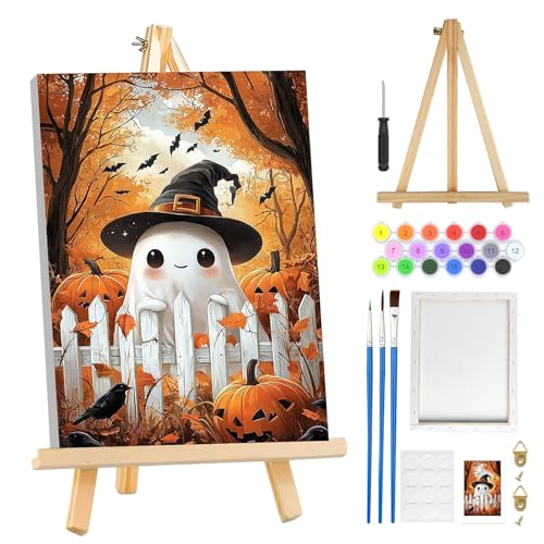 MOGTAA Halloween Ghost Paint by Numbers Kit for Adults Beginners with Frame, Fall Landscape Adult Paint by Number Kits on Canvas with Easel, Easy DIY Oil Painting Kits for Home Decor, 8x12in - color: Halloween Ghost3