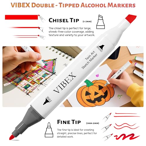 VIBEX 80 Colors Alcohol Markers with Base Dual Tip Drawing Markers for Adult and Kids Comics Coloring Sketching Illustration - Refillable (80 White)