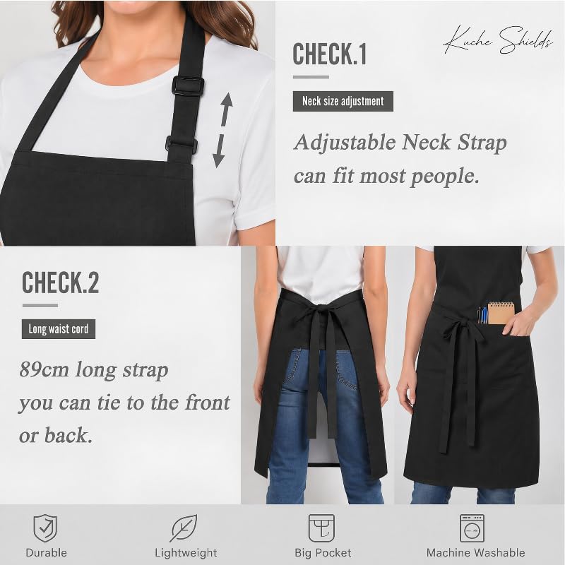 Polyester White/Black Bib Apron - 2 Large Pockets Women Aprons for Kitchen, Baking, Painting, and Halloween - color: Black