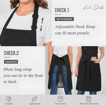 Polyester White/Black Bib Apron - 2 Large Pockets Women Aprons for Kitchen, Baking, Painting, and Halloween - color: Black