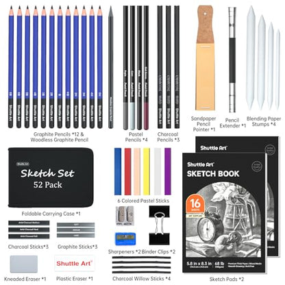 Shuttle Art 52 Pack Drawing Pencils Set, Professional Art Kit with Graphite Charcoal Sticks, Drawing Pad in Portable Case, Ideal for Kids and Adults Artists