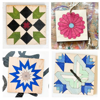 4 Mini Barn Quilt Kits, 6 Inch | Butterfly, Patch Star, Dresden, Starburst | Four 6-inch unfinished quilt blocks with laser-scored designs for painting, craft parties, gifts and a 12-inch wall collage. - size: 6 inches (set of 4), style: Butterfly, Patchw