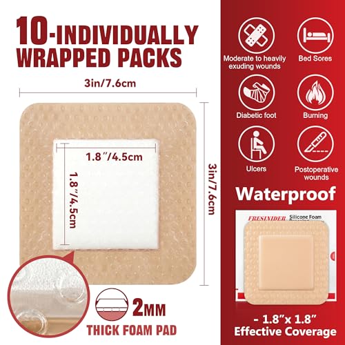 FRESINIDER Silicone Foam Dressing with Adhesive Border – Wound Dressing Bandage – Silicone Foam Pad – Pack of 10 – 3 x 3 Inches Large Waterproof Bandages – Self Adhesive Wound Care and Dressings - size: 3" x 3", 10 Pack