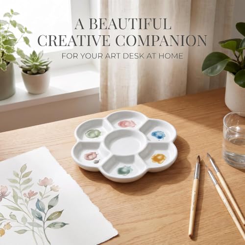 2Pcs White Porcelain Watercolor Palette - Washable Ceramic Paint Tray with Non-Stick Surface | Professional Artist-Grade Mixing Palette for Studio and Outdoor Painting