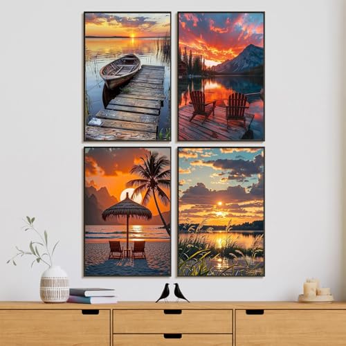 4 Pack Framed Paint by Numbers Kit for Adults with Wooden Easel, Sunset | With Frame, Lake Landscape DIY Acrylic Painting, For Adults Beginner, Stress Relief Craft Kits, Home Wall Decor Gift, 8x12 IN - color: YOP4P05