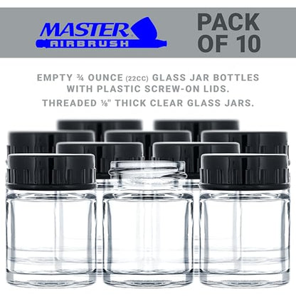 Master Airbrush (Pack of 10) TB-001 Empty 3/4 Ounce (22cc) Glass Jar Bottles with Plastic Lids - Replacement Jars, Paint Storage Bottles - Jars Screw Into Siphon Feed Airbrush Lid Adaptor Assemblies - size: 0.75oz - Glass - Lids