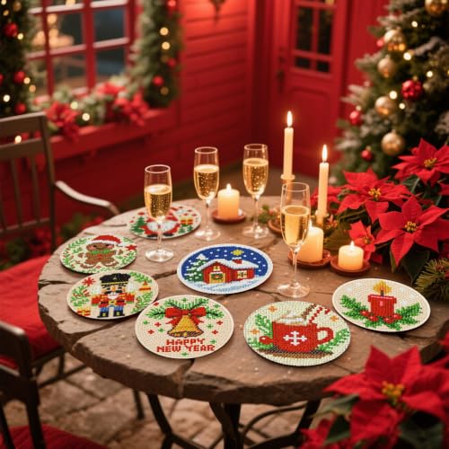 Clendo 8 Pcs Christmas Diamond Art Coasters Kit with Holder, Xmas Small Diamond Art Kits for Adults Beginners, Diamond Painting Coasters Arts and Crafts for Adults Supplies Item Sets - color: JXBD144-US