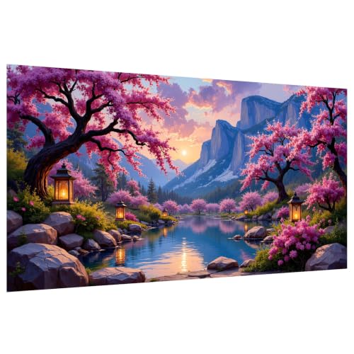 HeeBenor 5D Landscape Large Diamond Painting Kits for Adults, 27.5" X15.7" - color: Cherry Blossom 056