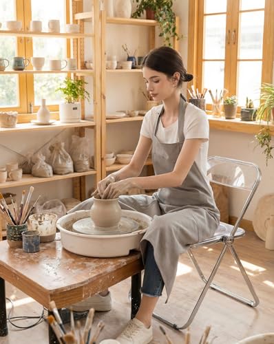 Pottery Apron Split Leg,100% Cotton Artist Apron 3 Pockets for Women Men,Ceramics Clay - color: Light Grey, size: 39" long