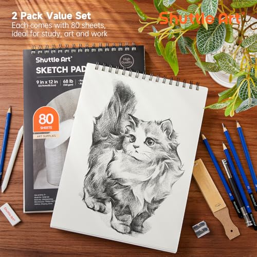 Artists Sketch Books, 9 x 12 Shuttle Art 160 Sheets of Sketch Paper pad Ideal for Drawing and School Supplies (2 Pack) - size: 80 Sheets x2