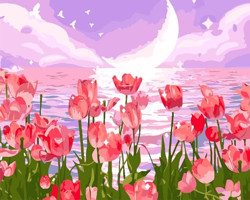 Yunnuo Paint by Numbers Kit for Adults, Tulip Flowers Paint by Number for Beginners, DIY Seaside Scenery Acrylic Number Painting on Canvas, Great Gifts Decor (16 x 20 Inch) - color: C001-Tulip Flowers