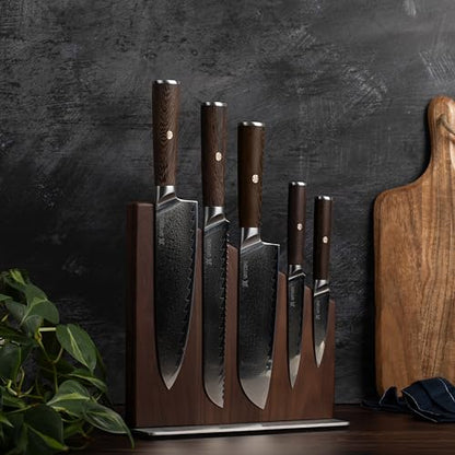 Magnetic Kitchen Knife Block Set - Japanese 67 Layer High-Grade VG-10 Steel Knives, Sharp, G10 Handle Professional Kitchen Knife Set - Damascus (6 pieces), Brown Pakkawood Handles - color: Brown, size: 6-Piece