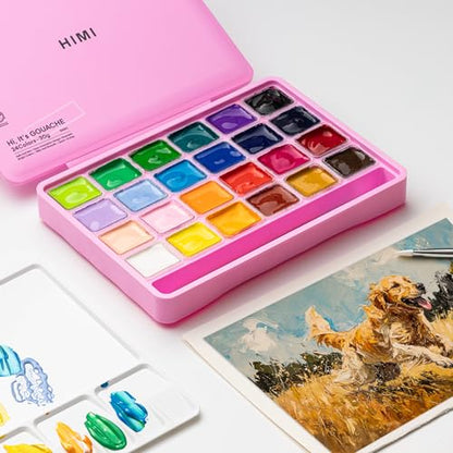 HIMI Gouache Paints set with 3 Paint Brushes, 24 Colors, 30g, Jelly Cup Design Non Toxic Paint for Canvas and Paper, Art Supplies for Professionals (Pink Case) - color: Pink