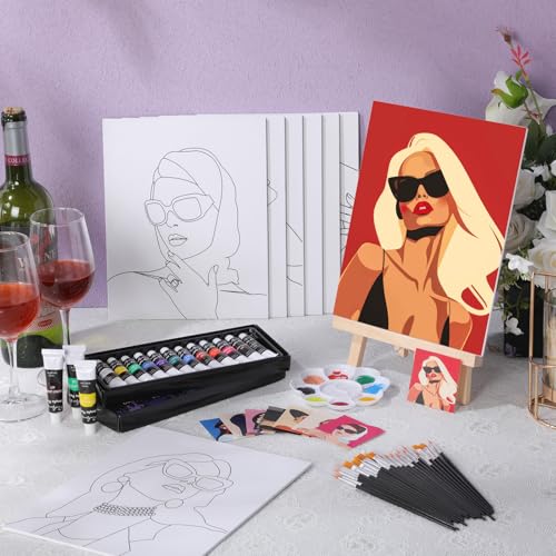 Cholemy 36 Pcs Paint and Sip Kit Gift for Adults 8''x10'',Modern Woman | Pre Drawn Canvas, Painting DIY Afro Acrylic Painting Kit, Wood Easel Brushes, Date Night Bulk, Summer Halloween Party - style: Modern Woman