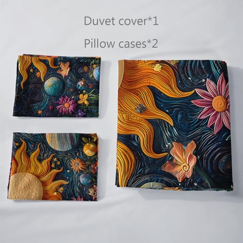 AILONEN Space Galaxy Soft Duvet Cover Set King Size,3-Piece Sun Planet Starry Flower Boho Comforter Cover Set, 1 Quilt Cover with 2 Pillowcases - color: S12, size: King