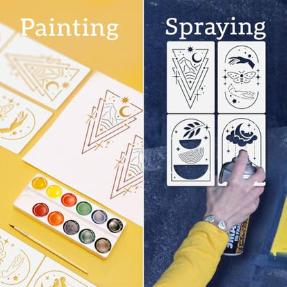 9Pcs Bohemian Stencils for Painting, Reusable Geometric Scenery Stencil Drawing Templates, Sun Moon Mountain Leaf DIY Craft Paint Templates for Wall Home Decor Wood Burning Canvas Journal