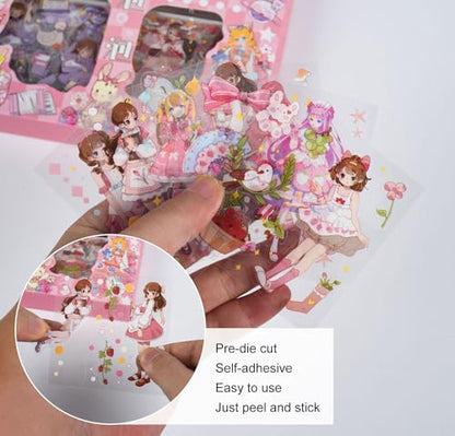 100 Sheets Kawaii Girls Stickers Kit for Journaling - Cute Sweet Cartoon PET Transparent Collage Scrapbooking Supplies Sticker Decal for Junk Journals Handbook Laptop Cards DIY Arts Crafts - color: Sweetheart Office