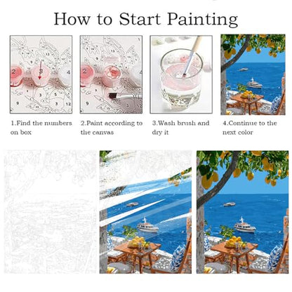 ZRIZQ Paint by Numbers Kit for Adults Beginner,Lemon Tree Sea,16x20 | Full set with wooden brushes,rolled canvas,rich paints.Calming activity.Beginner friendly.Just open and paint. - color: 16"X20"Rolled Canvas(Frameless)-Landscape 3