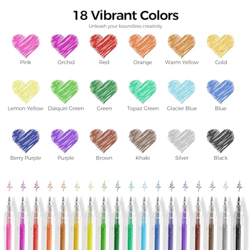 SKYDUE Glitter Gel Pens Set of 18 Colors | Sparkle Fine Point Pens, Non-Toxic, Ideal for Adult Coloring Books, Drawing, Journaling, Scrapbooking & DIY Crafts