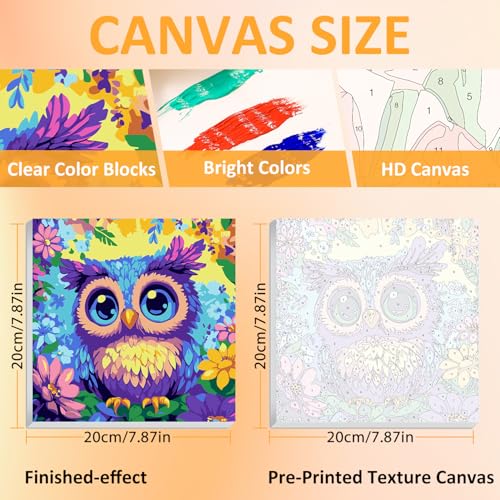 Owl Paint by Numbers Kit for Kids, 8x8 inch | DIY Paint by Numbers for Kids, Ages 4-8-12, with Frame, Wooden Easel, Gifts Box, Fun and Relaxing,Home Wall Decor - color: Owl02