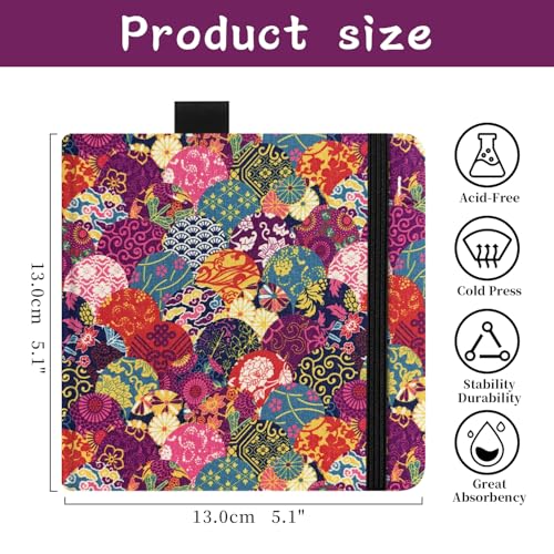 5x5" Watercolor Sketchbook,Mixed Media Pad,Travel Portable Drawing Journal | 140LB/300gsm 20Sheets/40Pages Watercolor Paper,Cold Press,Cloth Fabric Hardcover,Sewing Binding,Lay-Flat.Japanese-StyleMotifs - color: 300gsm-Japanese-style Motifs