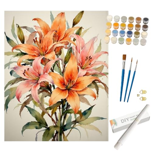 Floral Art Paint by Numbers Kit for Adults - DIY Watercolor Orange Lily Bouquet Painting on Rolled Canvas 16x20 Inches, Acrylic Paint Set, Suitable for Beginners, Art for Home Decoration or Gifts - color: HSX01174, size: 16X20IN Rolled