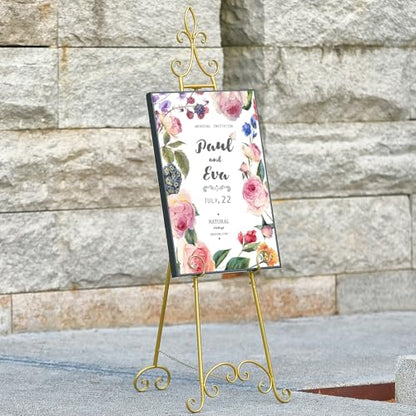 61”H x 20”L x 24”W Metal Extra Large Free Standing Display Stand Easel | Gold Scroll Floor Easel Stand for Sign Wedding Mirror Picture Frame, with Adjustable Chain