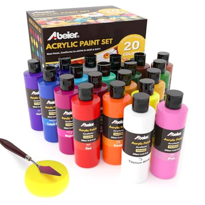 ABEIER Bulk Acrylic Paint Set, 20 Colors x 8.45 oz, Non-Toxic | Rich pigments, Matte finish,Thick consistency, smooth blending, waterproof when dry, palette knife and sponge included - color: 20 Colors