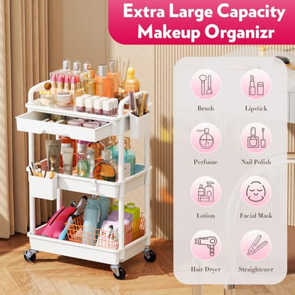 SUNALLY Makeup Cart Organizer with Drawer,3 Tier Rolling Makeup Cart, White - color: White, size: 3 Tier