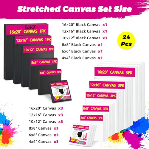 Stretched Canvas for Painting, 24Pack Canvas Value Pack for Painting, Triple Primed 5/8" Profile Cotton Professional Artist Quality Blank Canvas,Ready to Paint, Art Supplies for Acrylic, Oil - size: 24PK