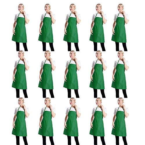 Total 15 PCS Green Plain Bib Aprons Bulk for Women Men-Unisex Adult Aprons with 2 Front Pockets (Leaf Green-15 pcs) - color: Leaf Green-15 Pcs