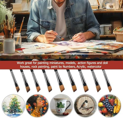 Golden Maple Angular Paint Brush, 9PC Oblique Tip Nylon Hair Long Handle Angled Paint Brushes Set Art Artist Professional Painting Supplies for Acrylic, Watercolor, Gouache and Oil Painting
