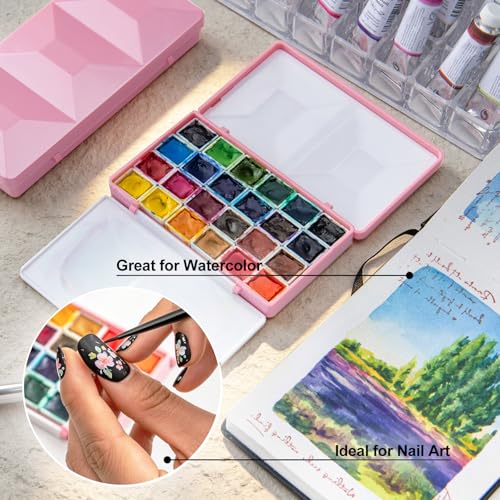SEAMIART Empty Watercolor Palette Case with 24 Magnetic Half Pans & Lid - color: Pink, size: 4.9" x 2.9" x 1"