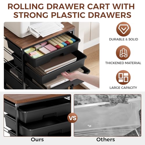 SYKIARIOL 5-Tier Rolling Cart with Drawers with Wooden Top, Black | Mobile Craft Storage Drawer Cart Trolley for Home Office, Classroom, Craft Room & Kid Room - color: Black