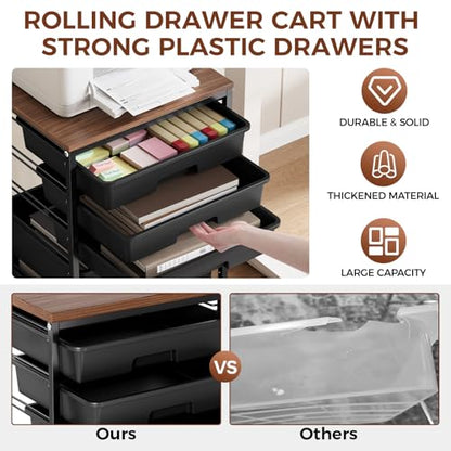 SYKIARIOL 5-Tier Rolling Cart with Drawers with Wooden Top, Black | Mobile Craft Storage Drawer Cart Trolley for Home Office, Classroom, Craft Room & Kid Room - color: Black