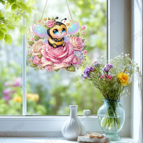 Eiflow Acrylic Diamond Art Hanging Kit for Adults, DIY Diamonds Painting Door Hanging Board Kit, Special Crystal Diamond Art Painting Pendant Ornament (Valentine Bee) - color: Rose Bee