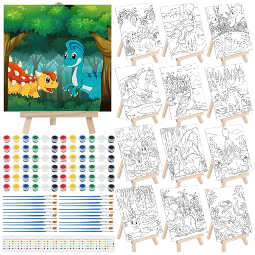 Tenceur 12 Sets Pre Drawn Canvas to Paint Adult Stretched Coloring Painting Canvas Panels with Design Easel and Brushes for Party Supplies Beginner Favor(Dinosaur) - style: Dinosaur