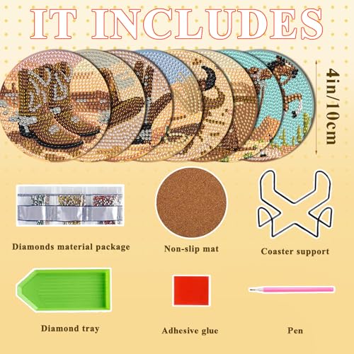DOTSOPS 8 Pcs Cowboy Diamond Painting Coasters with Holder for Beginners - color: Ecowboy