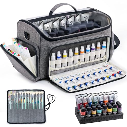 SFYBYHEART Acrylic Paint Organizer Bag with Washable Roll-Up Brush Holder, Large Art Supply Case, Craft Organizer with Foam Inserts for Apple Barrel, Shuttle Art, Caliart Art Supplies Storage Bag - color: Grey - Black, size: Single Layer